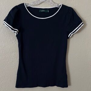 Lauren Ralph Lauren Ribbed Short Sleeve Top, Navy Blue, Large